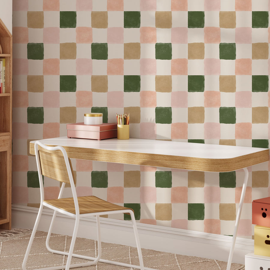 Warm Green and Pink Checkered Wallpaper - Earthy & Pastel Tones Wallpaper