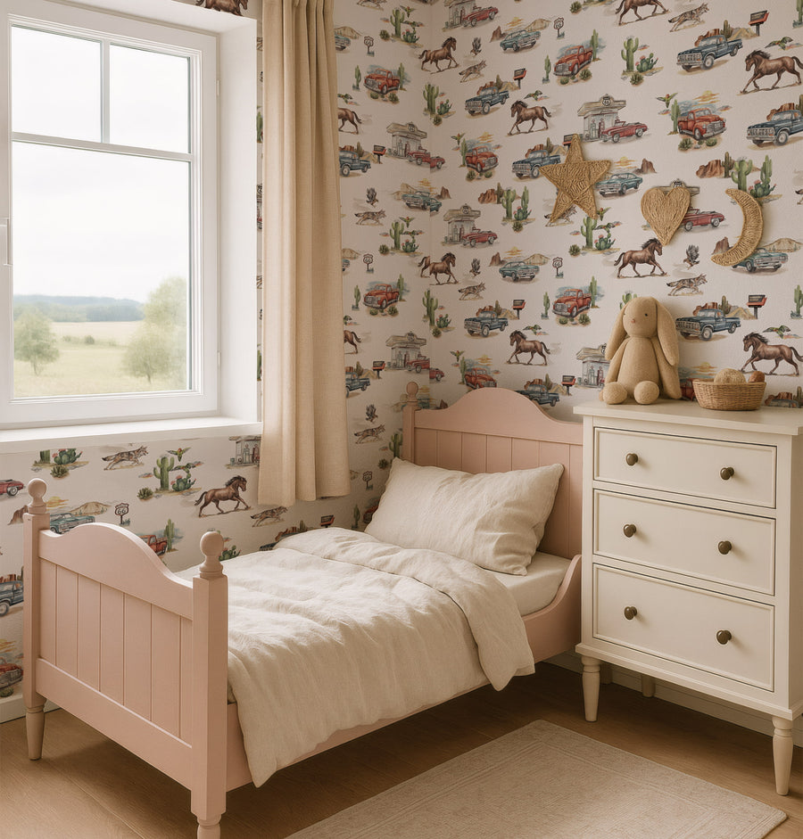 Children's bedroom with pink bed, white dresser, and Cream Western Wallpaper