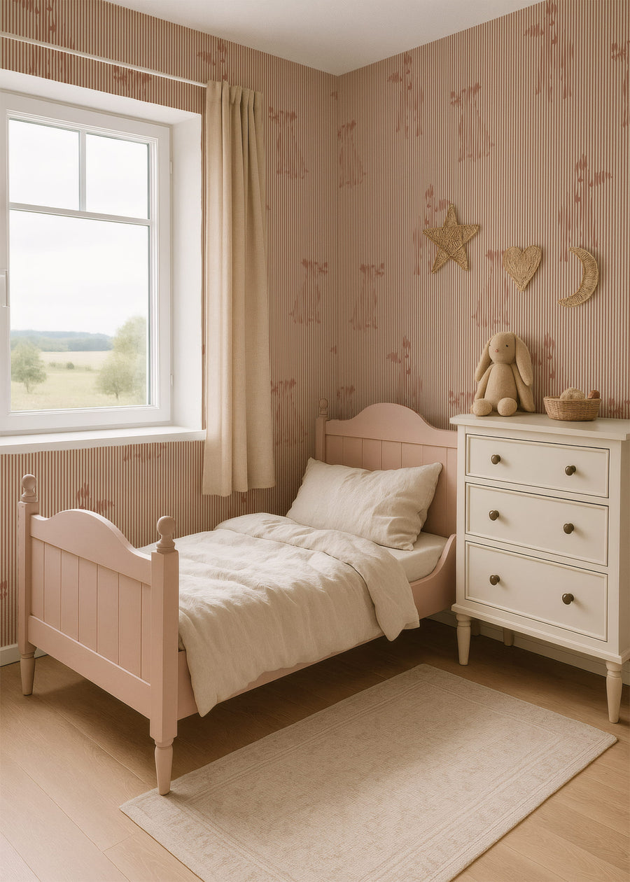 Children's bedroom with pink bed, white dresser, and Terracotta Stripe with Dog Silhouette Wallpaper