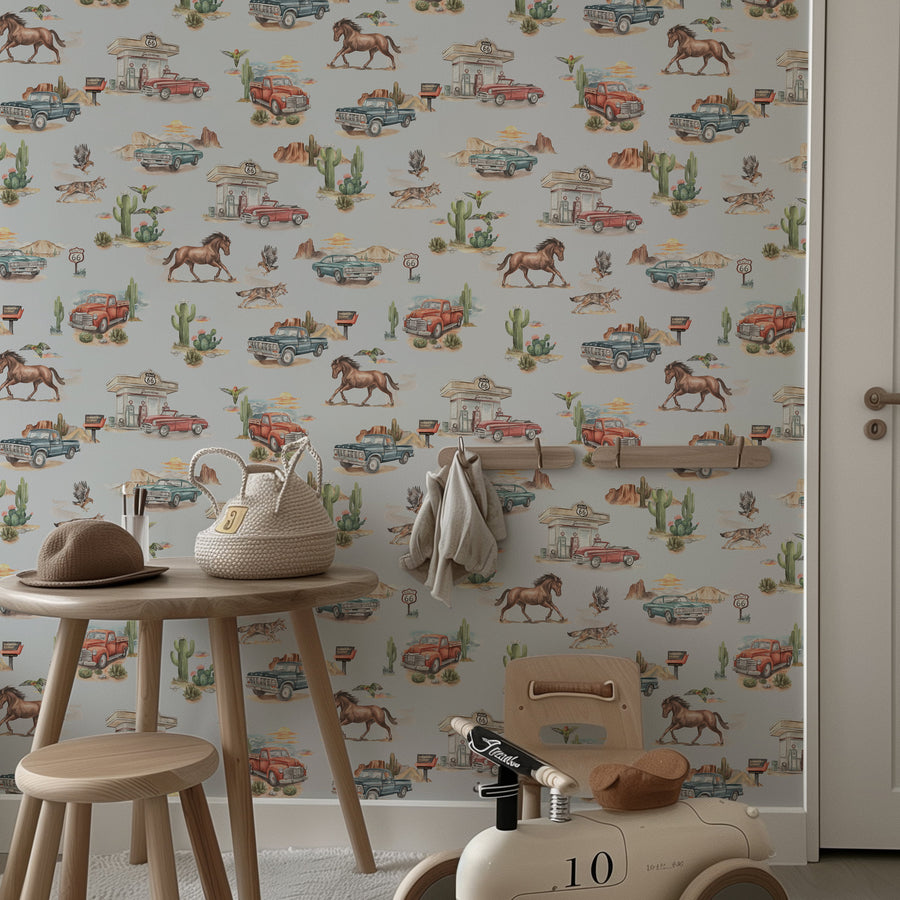Children's room with Western cowboy-themed wallpaper, wooden toys, and furniture.
