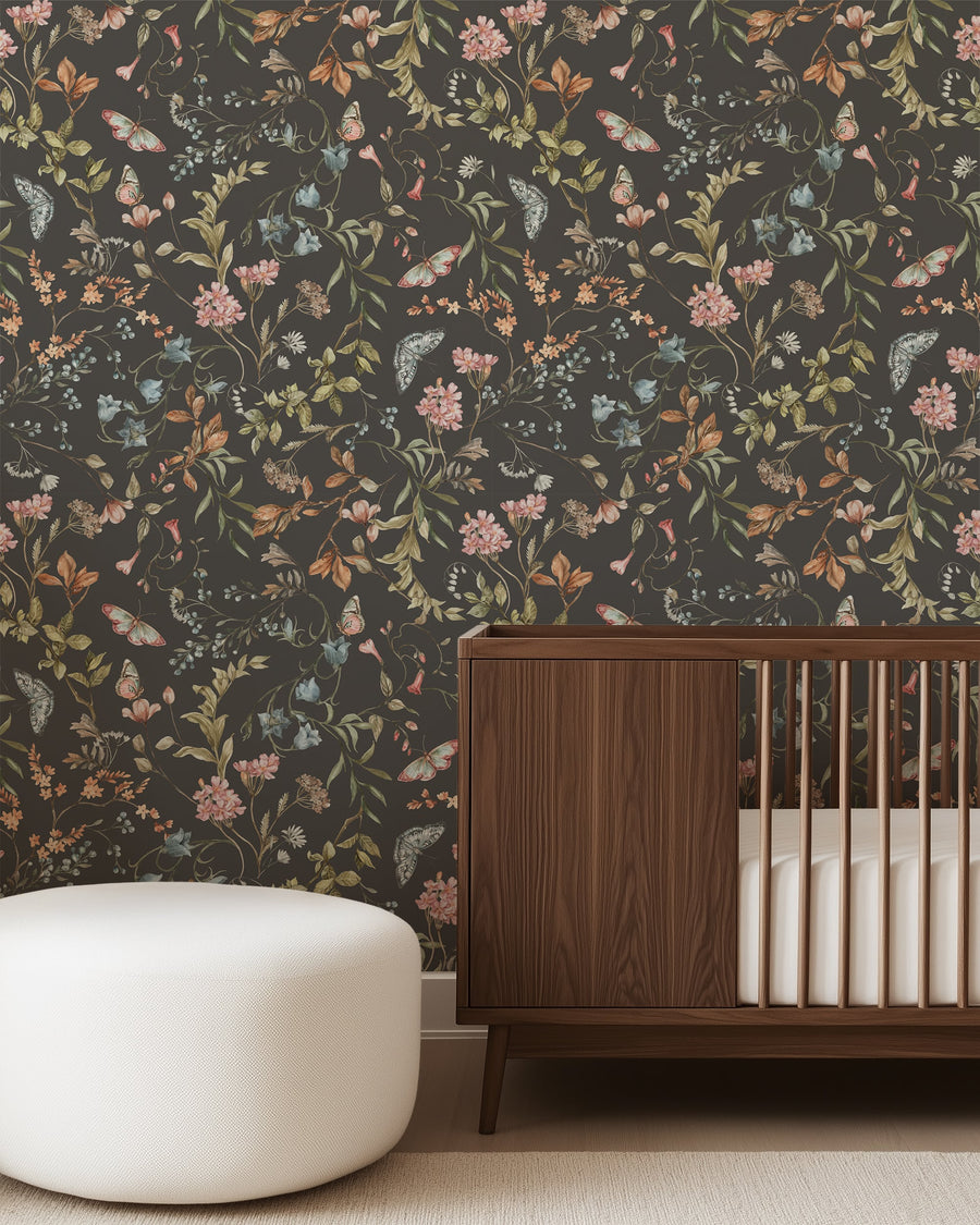 Cottage Meadow Noir – Moody Floral Wallpaper with Butterflies