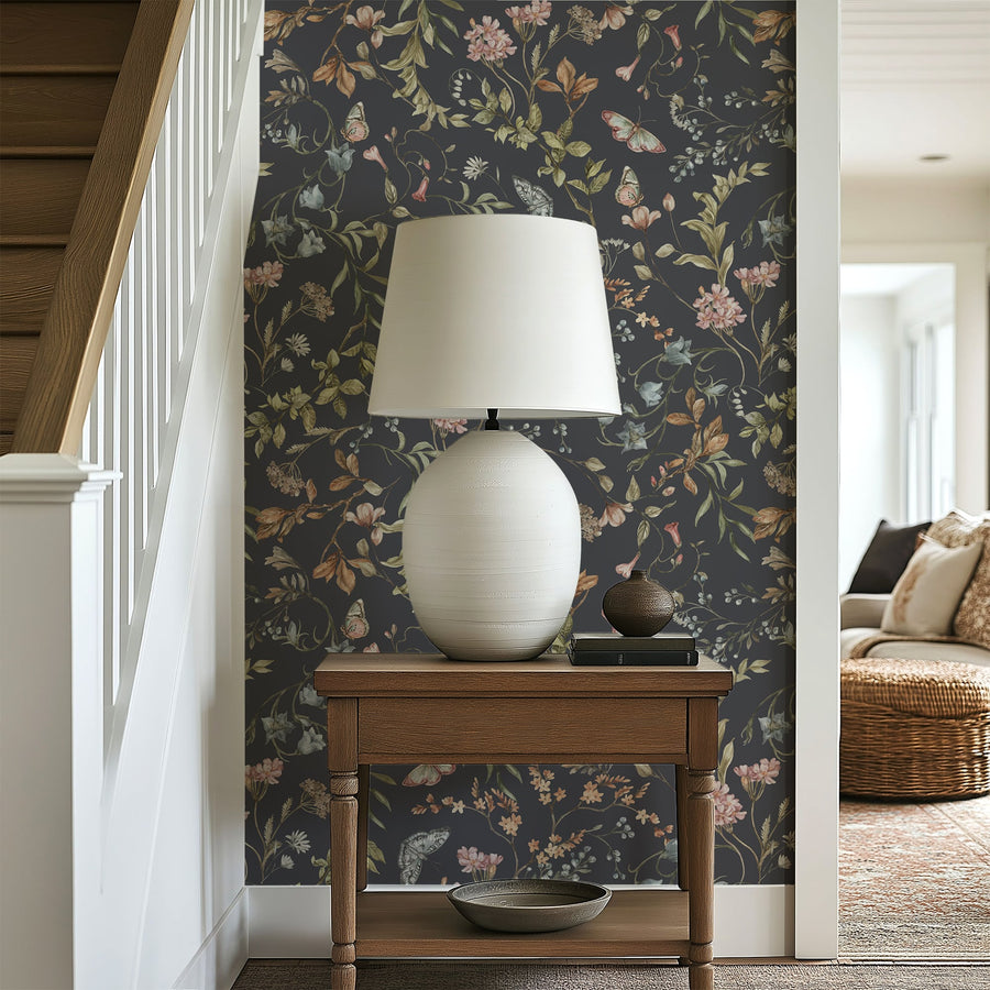 Cottage Meadow Twilight – Navy Floral Wallpaper with Butterflies