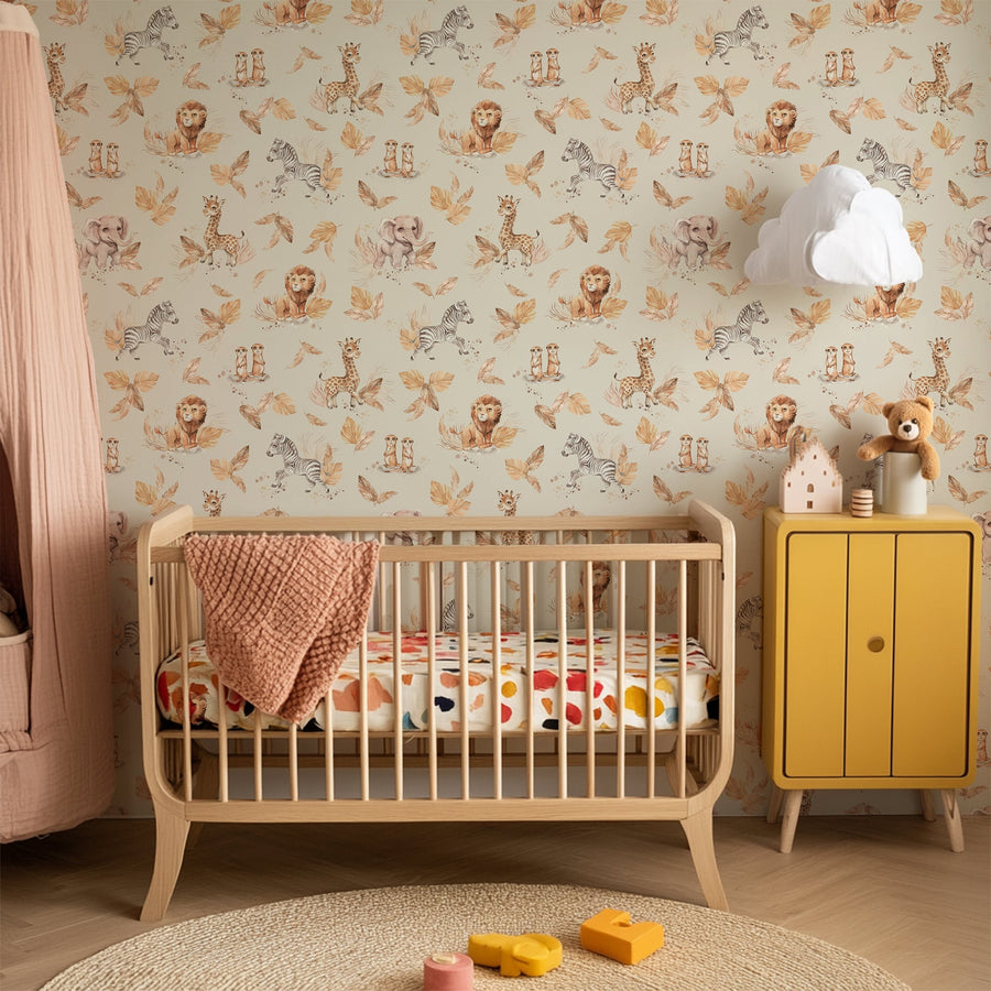 Khaki Safari Animal Wallpaper – Neutral Jungle Mural for Nurseries & Kids Rooms