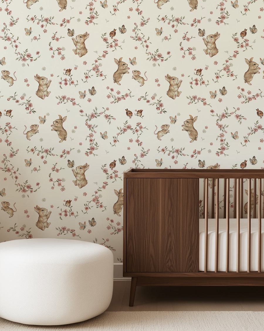 Woodland Bunny Wallpaper – Cream Floral Nursery Wall Mural