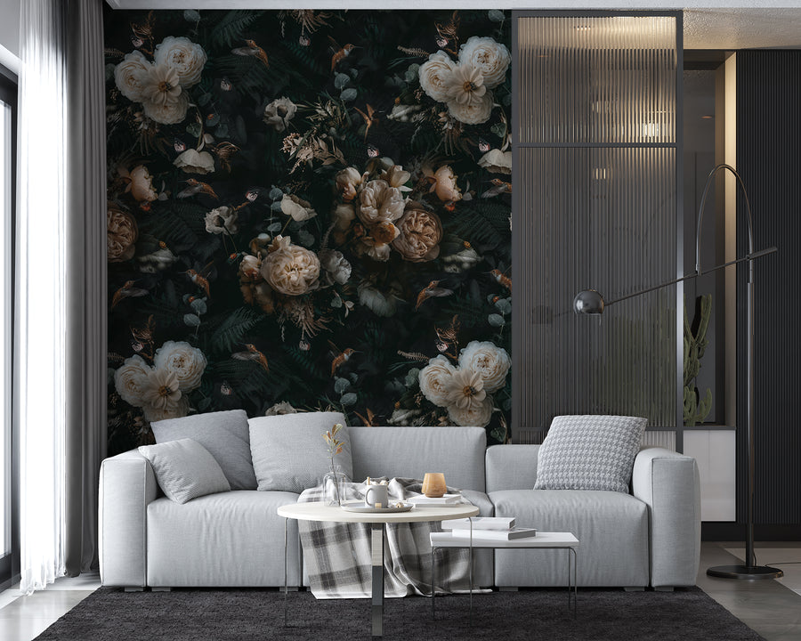 Dark Background Cream Floral Wallpaper