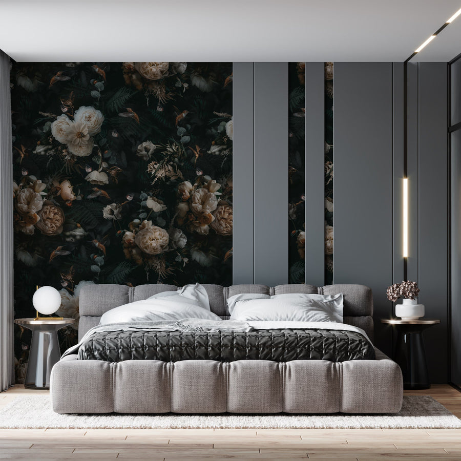 Dark Background Cream Floral Wallpaper Removable Wallpaper