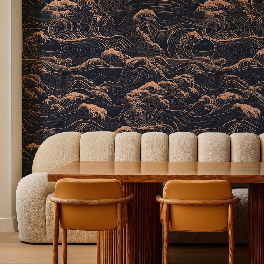 Dark gold ocean wave wallpaper with elegant flowing lines on black background for luxury interiors