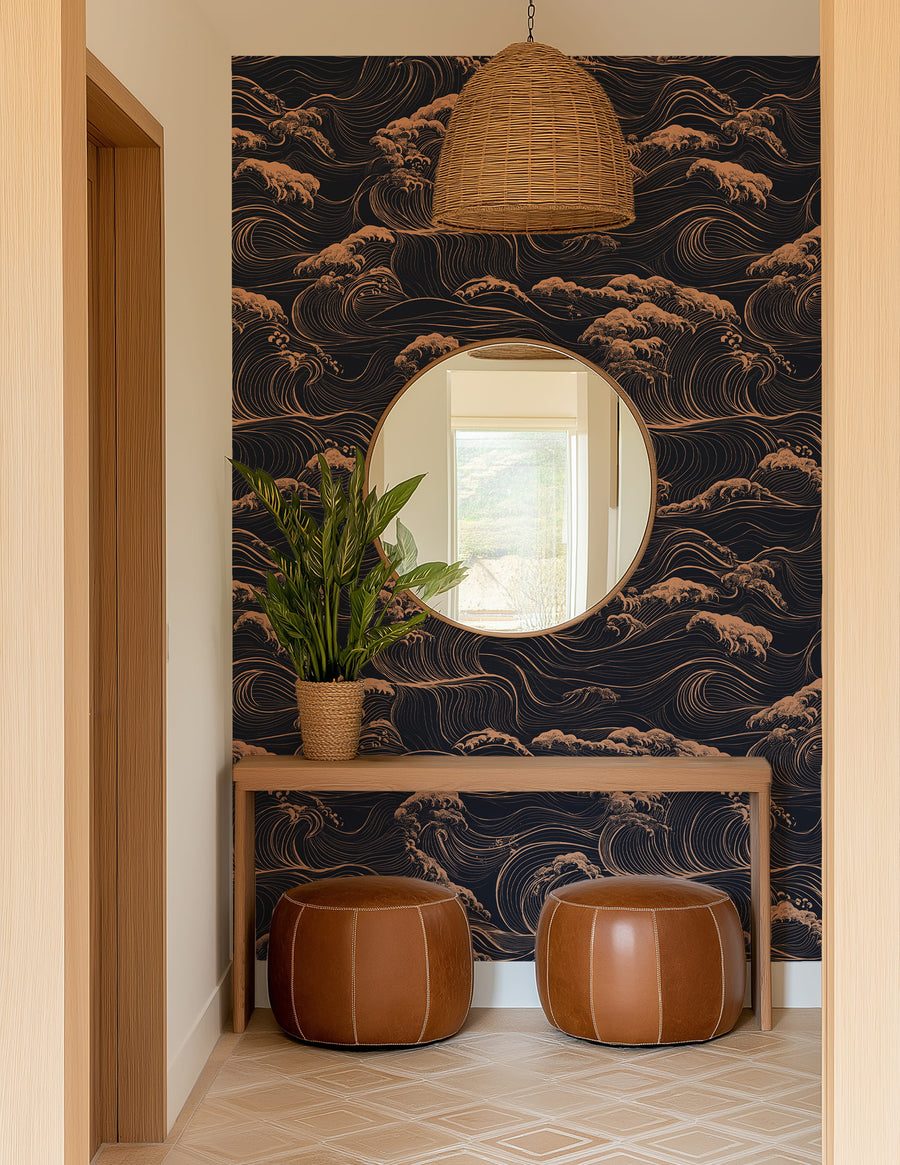 Dark gold ocean wave wallpaper with elegant flowing lines on black background for luxury interiors