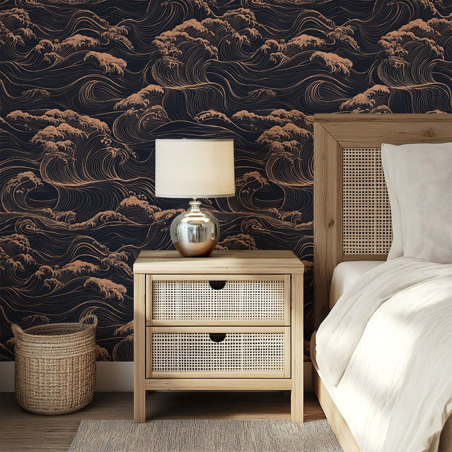 Dark gold ocean wave wallpaper with elegant flowing lines on black background for luxury interiors