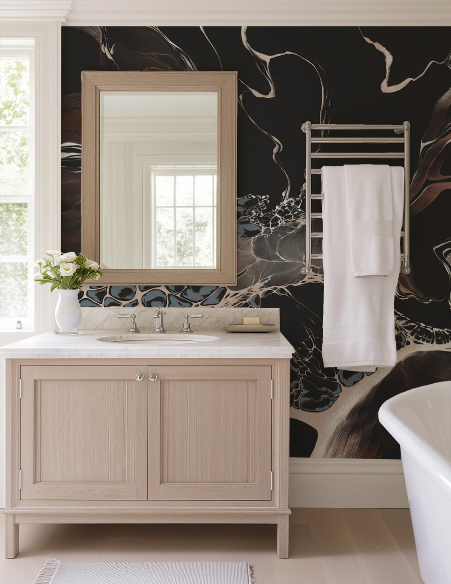 Luxury Abstract Black Marble Wall Mural - Modern Fluid Art Wallpaper