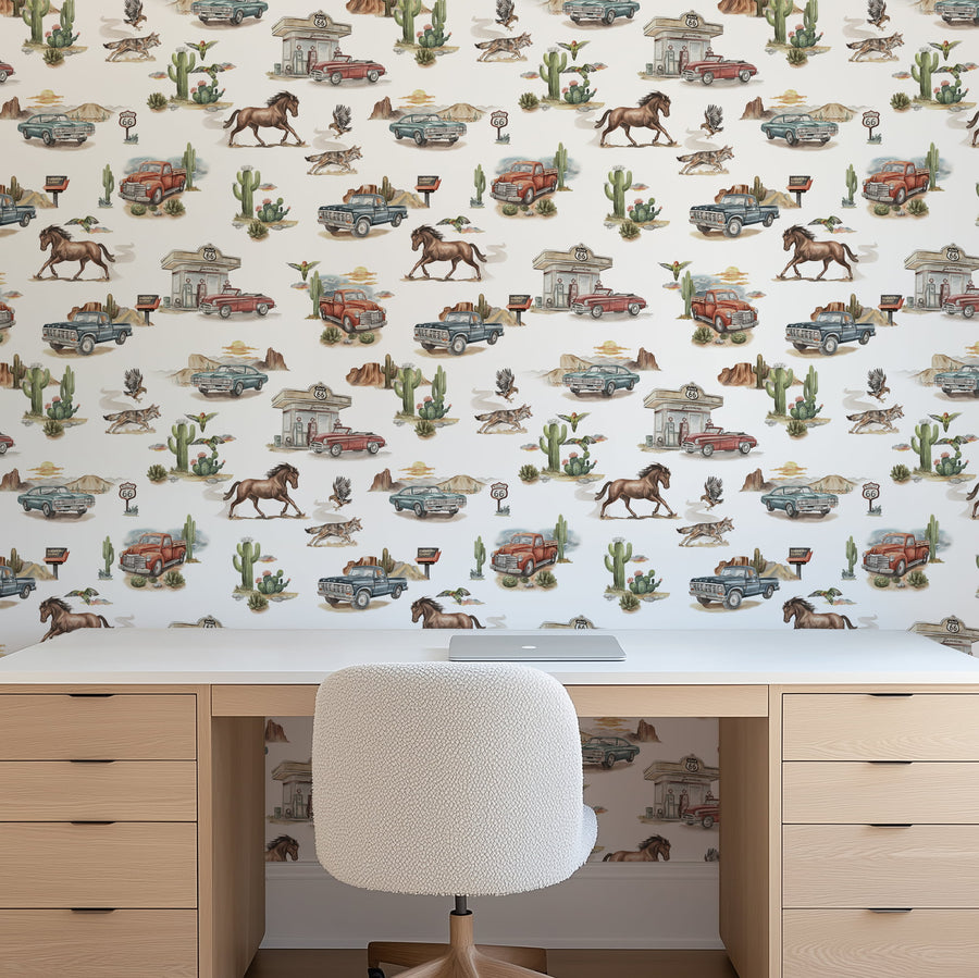 Desk with chair against a wall featuring a Western Kids Wallpaper - Vintage Trucks & Wild Horses