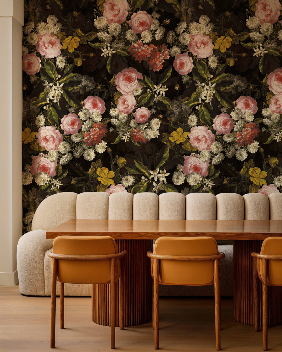 Dining area with Baroque Twilight Rose Wallpaper