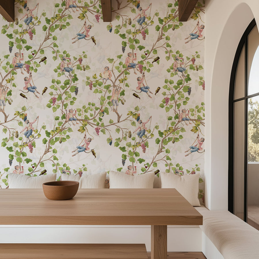 Dining room with Singerie Monkey Wallpaper – Vineyard & Wine Pattern