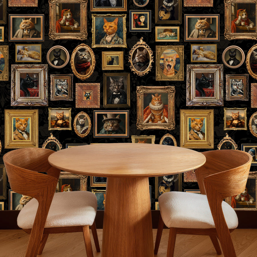 Dining room with a round wooden table and chairs against a Whimsical Cat Portrait Gallery Peel & Stick Wallpaper