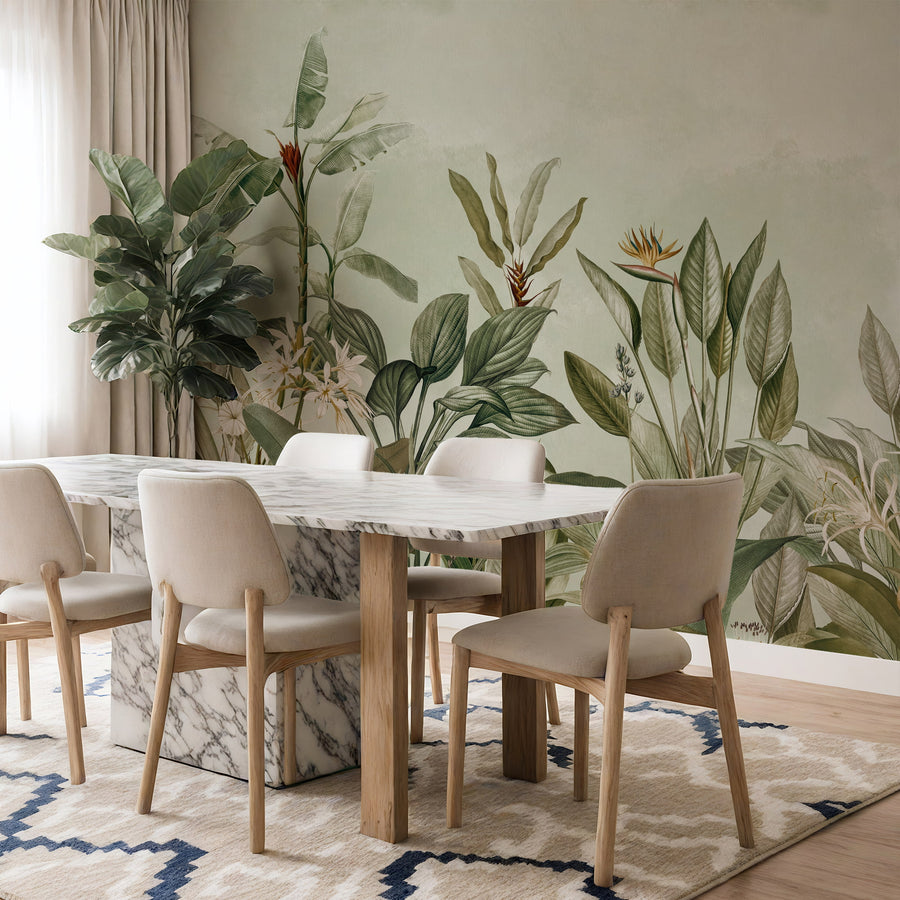 Dining room with marble table and chairs against a wall with Eden Tropical Palm Wall Mural