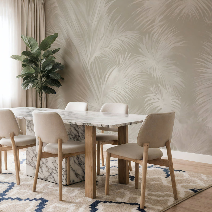 Dining room with marble table and wooden chairs against a Beige & White Tropical Palm Wall Mural