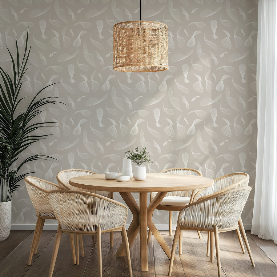 Dining room with wooden table and chairs against a Quill Whispers Wallpaper – Warm Taupe