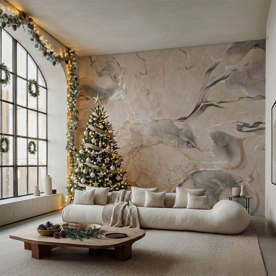 Living room with a decorated Christmas tree, sofa, and marble wallpaper