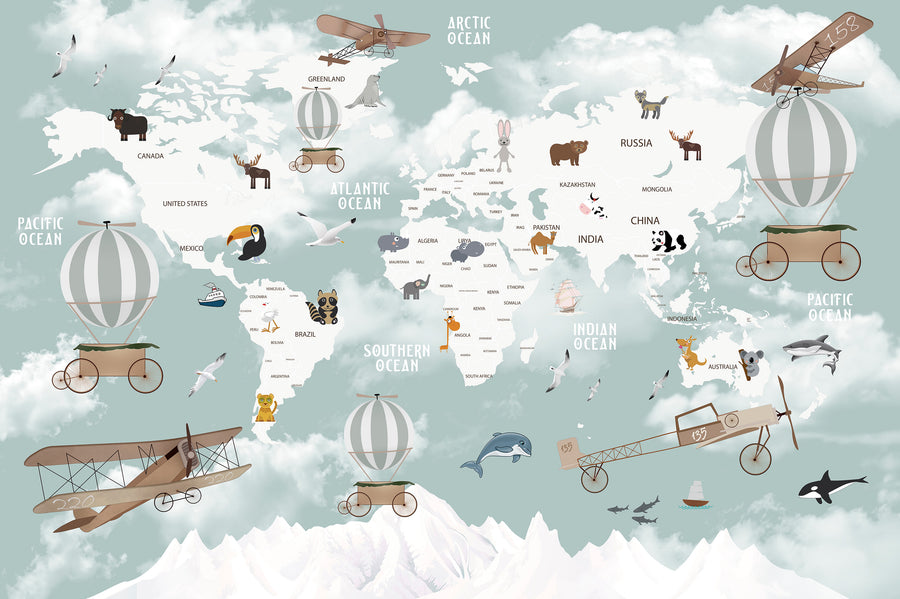 Educational world map wall mural in sage green featuring labeled oceans, continents, animals, and vintage airplanes