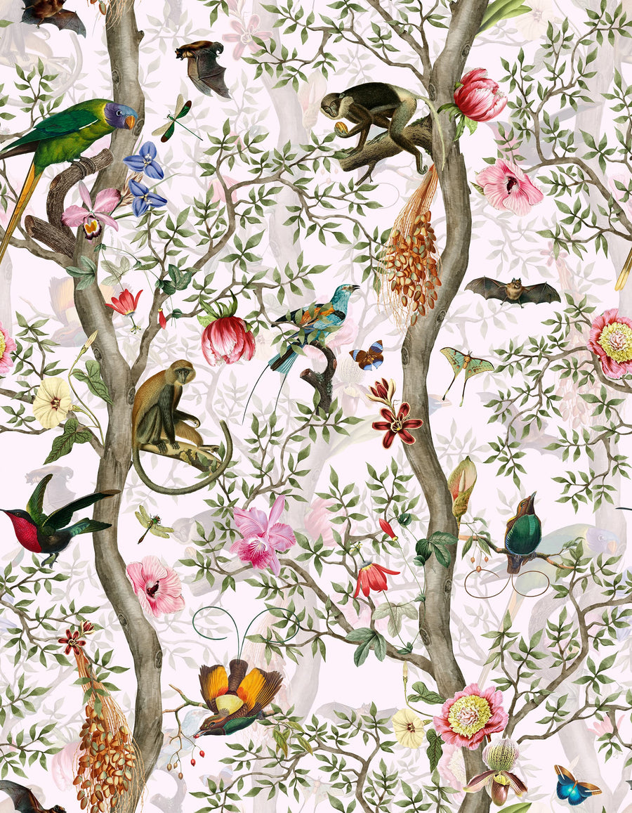 Exotic Jungle Chinoiserie Wallpaper with Birds & Monkeys