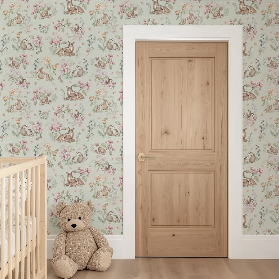 Woodland Floral Wallpaper in Sage - Watercolor Animals & Garden Blooms