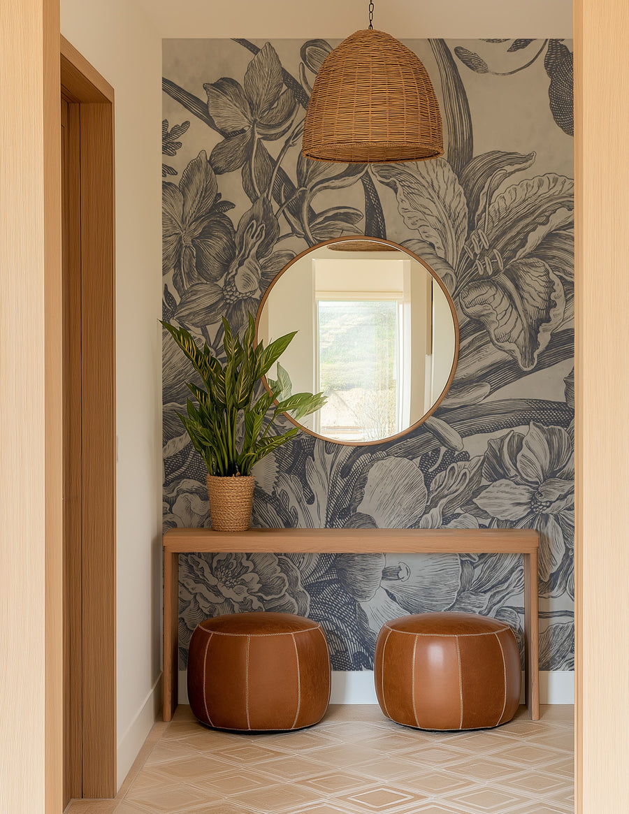 Foyer with Vintage Indigo Botanical Etching Wall Mural