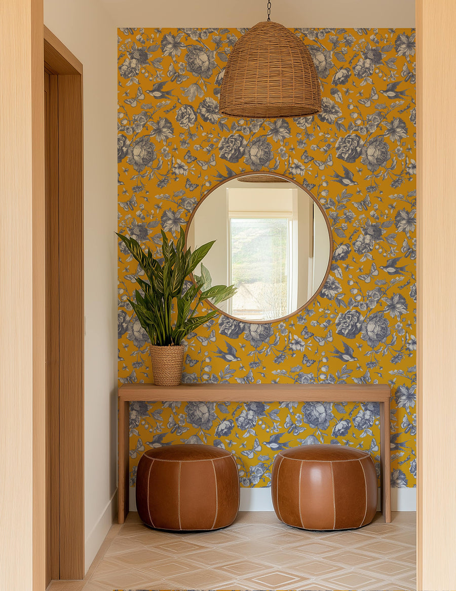 Foyer with Yellow Vintage Floral Wallpaper – Grey Botanical & Bird Pattern