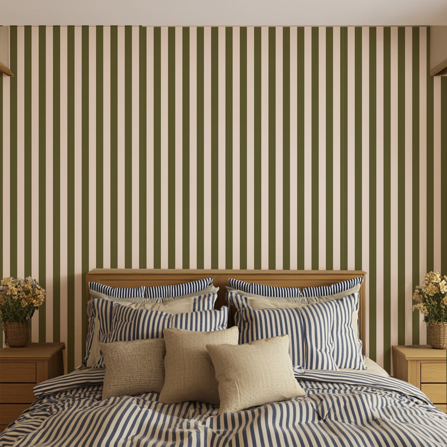 Olive Coast - Green Vertical Striped Removable Wallpaper