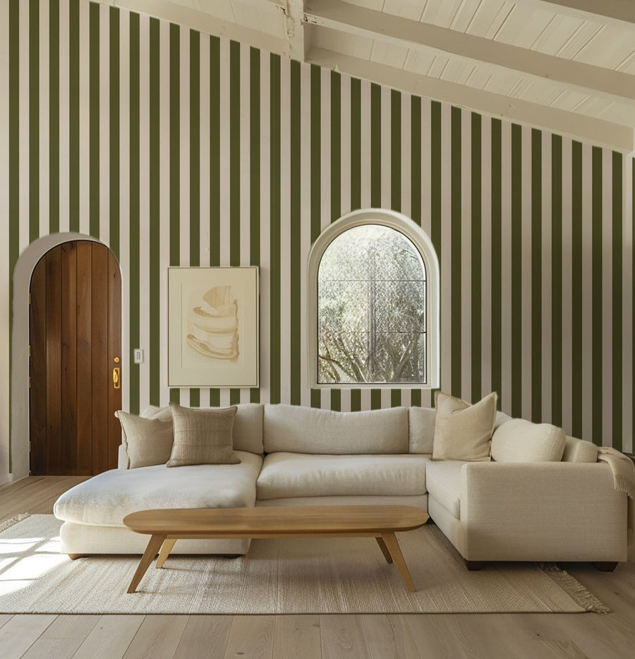 Olive Coast - Green Vertical Striped Removable Wallpaper