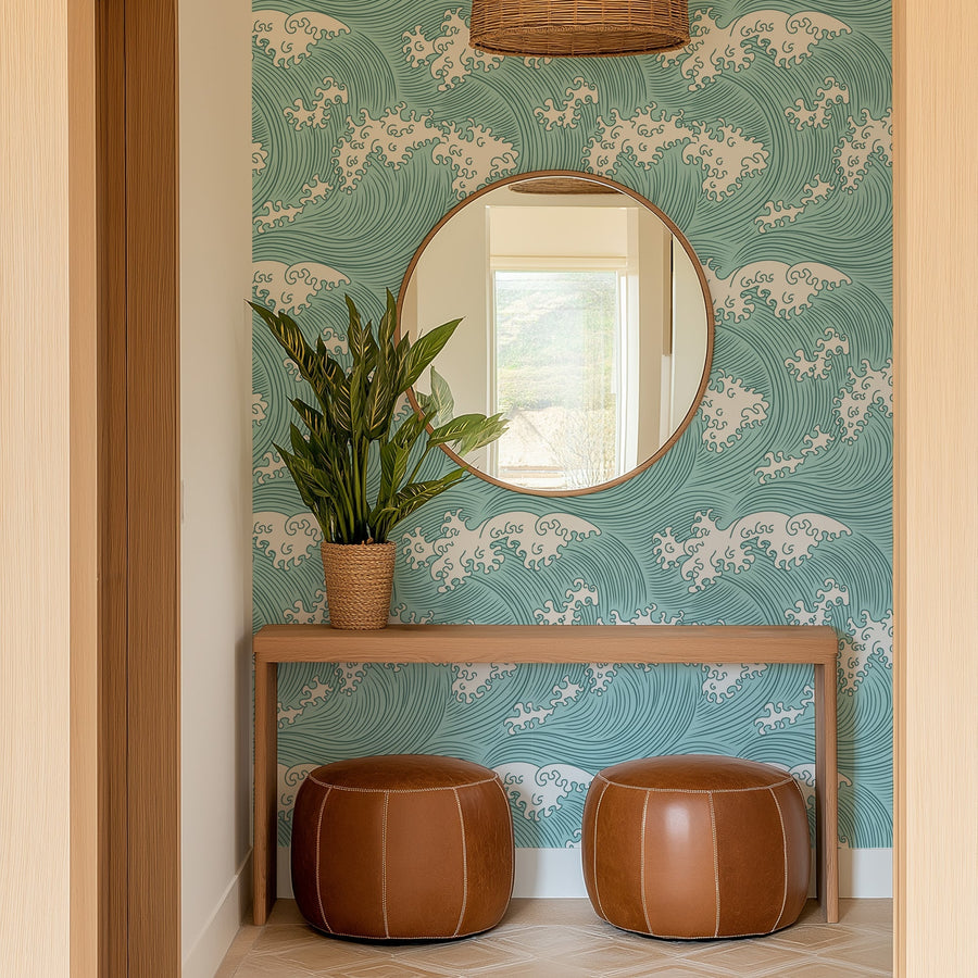 Coastal Japanese Wave Peel and Stick & Traditional Wallpaper
