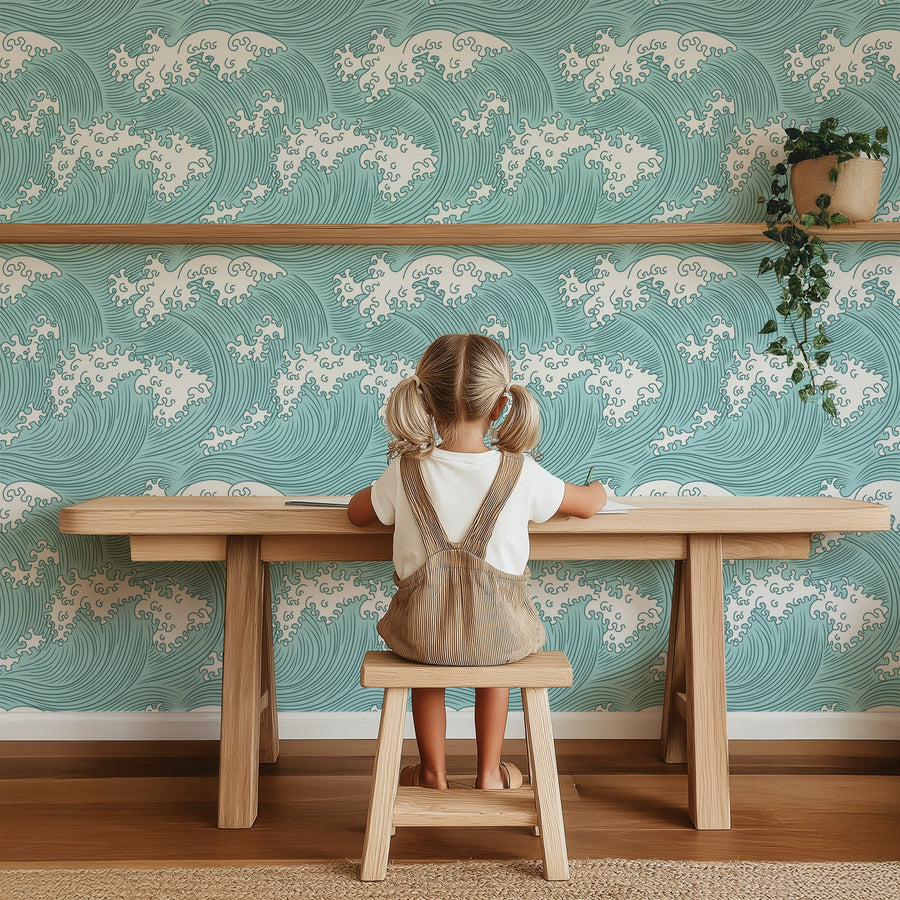 Coastal Japanese Wave Peel and Stick & Traditional Wallpaper