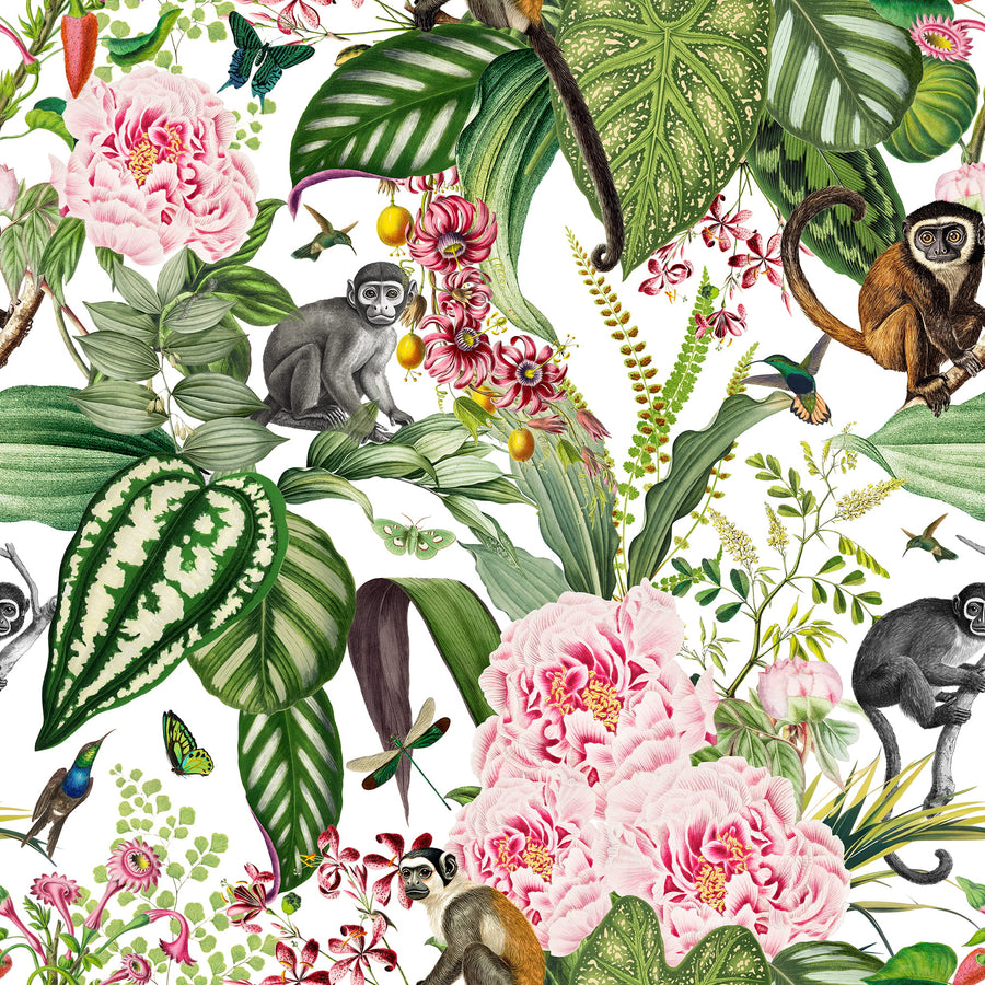 Jungle Paradise Wallpaper with Pink Flowers & Monkeys