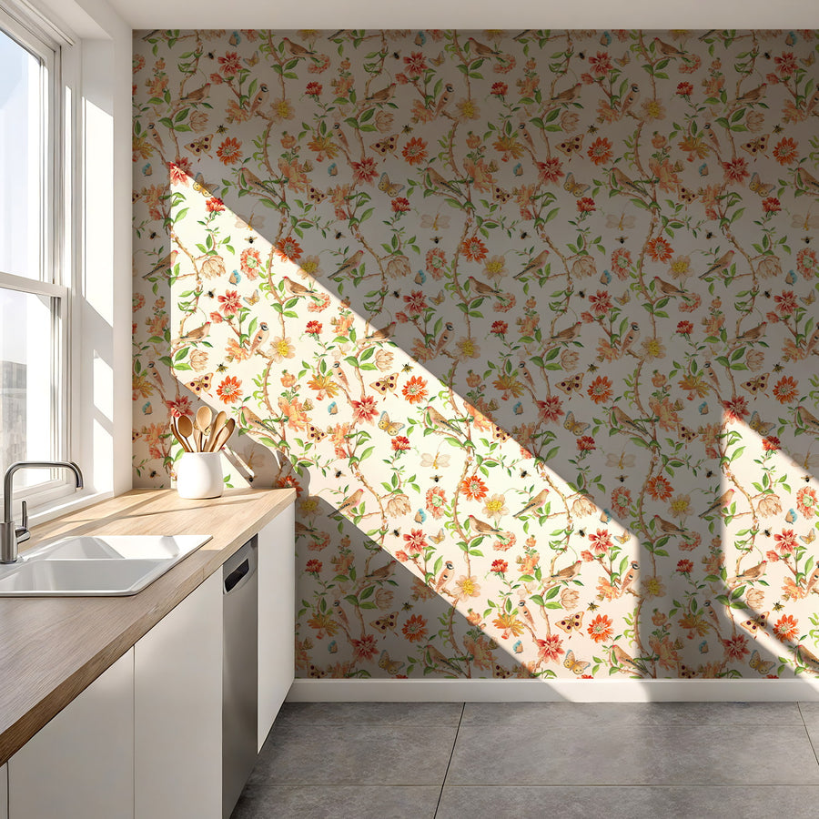 Kitchen with Chinoiserie Garden Wallpaper – Birds, Butterflies & Blooms