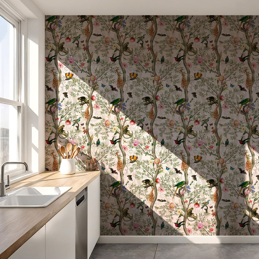 Kitchen with Exotic Jungle Chinoiserie Wallpaper with Birds & Monkeys