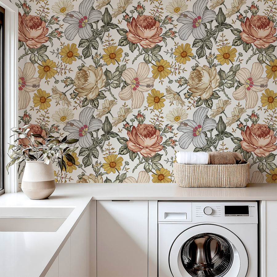 Laundry room with Chamomile Flowers Bouquet Wallpaper Removable Wallpaper
