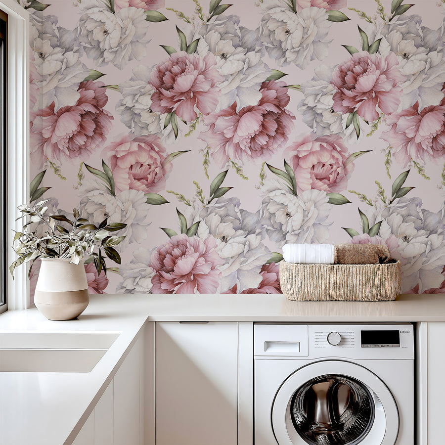 Laundry room with Light Pink Peony Wallpaper