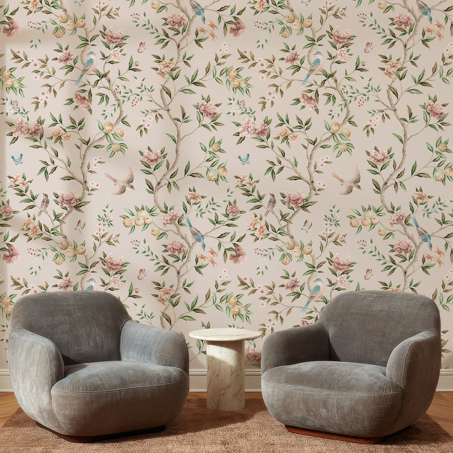 Blush pink chinoiserie wallpaper with hand painted peonies and songbirds in living room - peel and stick or traditional Type II