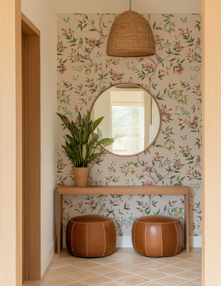 Pink blush chinoiserie bird garden wallpaper in entryway - removable peel and stick wallpaper by EazzyWalls