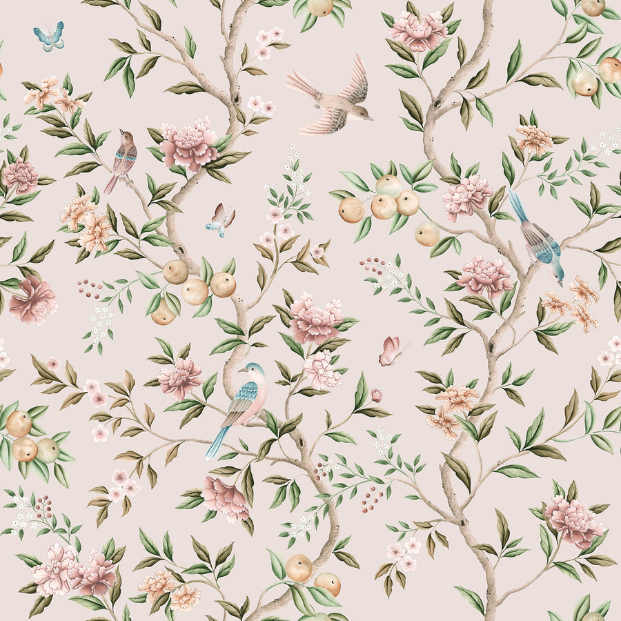 Blush chinoiserie garden wallpaper pattern repeat tile - dusty rose flowes, birds, butterflies and golden fruits on warm beige