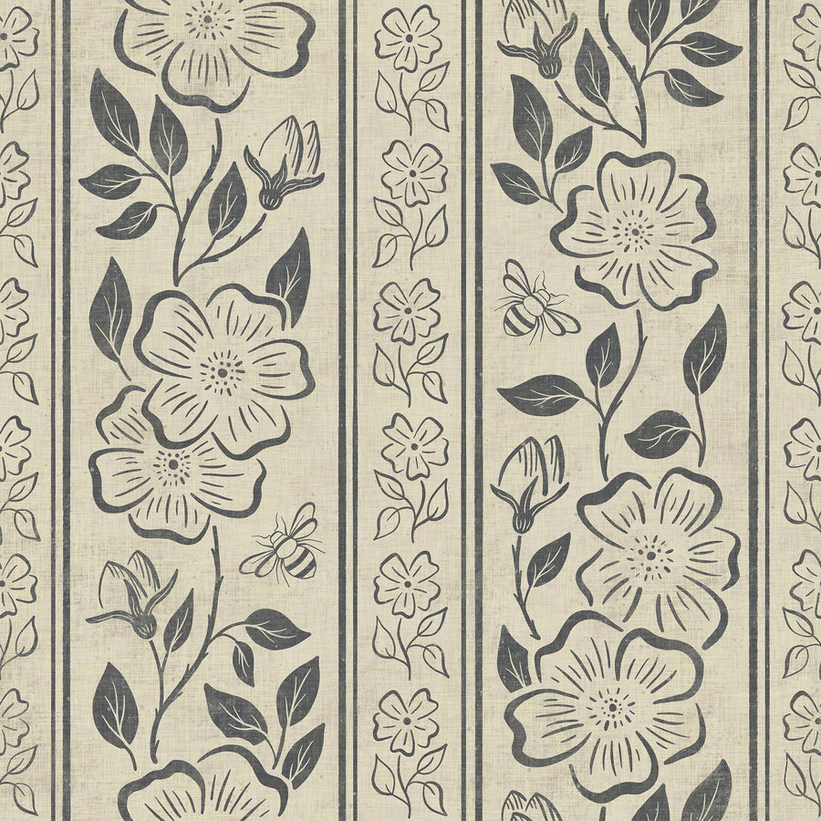 Linen Block Print Floral Stripe - Vintage Inspired Botanical Wallpaper