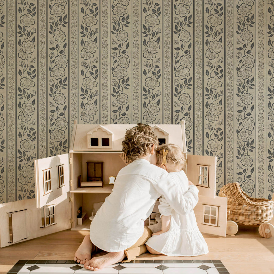 Linen Block Print Floral Stripe - Vintage Inspired Botanical Wallpaper