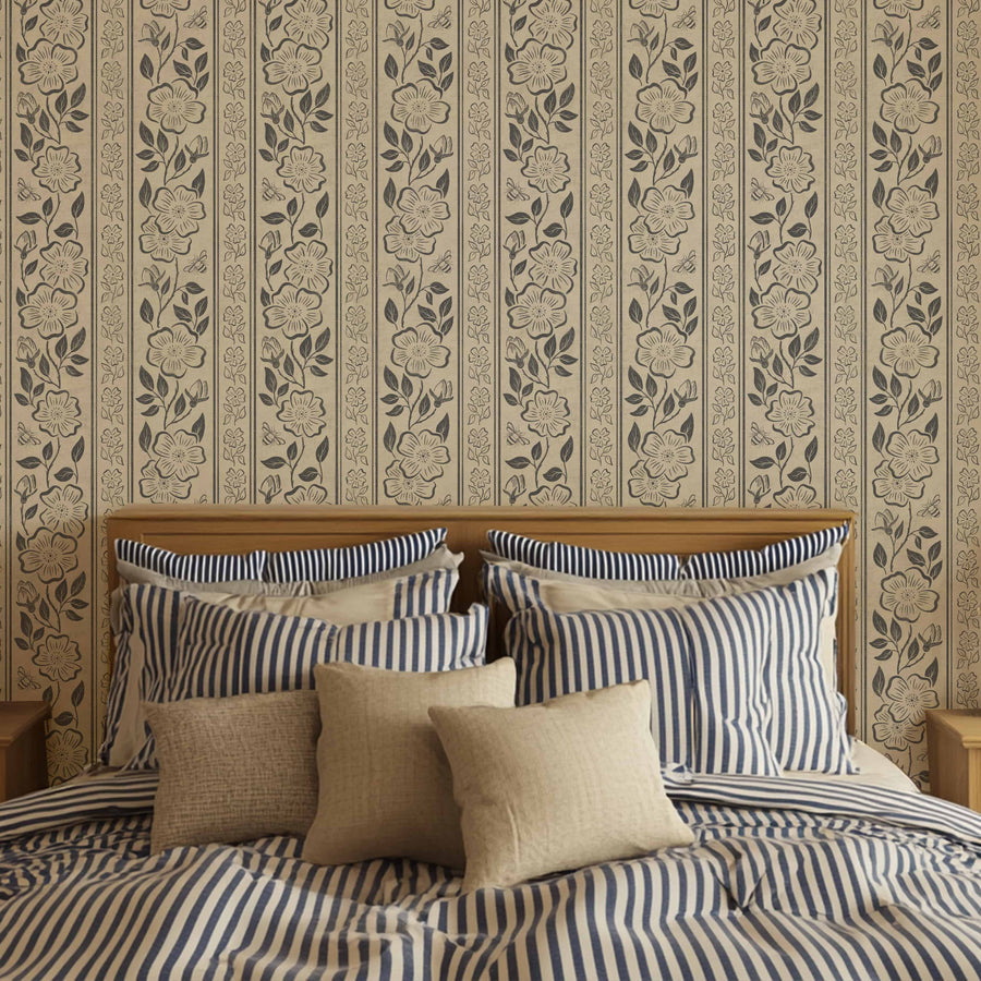 Linen Block Print Floral Stripe - Vintage Inspired Botanical Wallpaper
