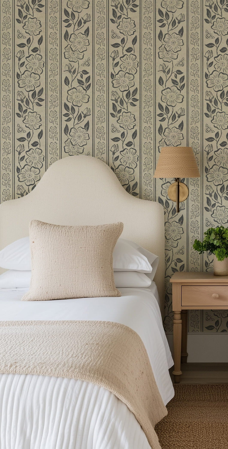 Linen Block Print Floral Stripe - Vintage Inspired Botanical Wallpaper