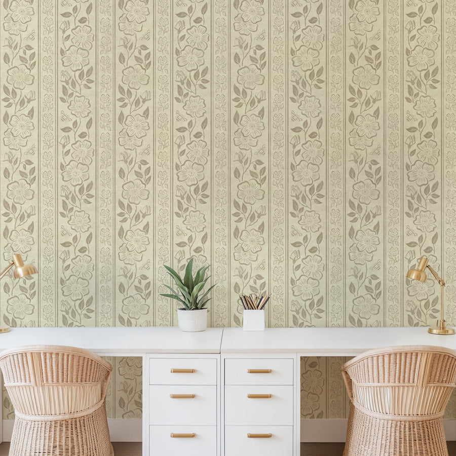 Linen Block Print Floral Stripe - Vintage Inspired Botanical Wallpaper