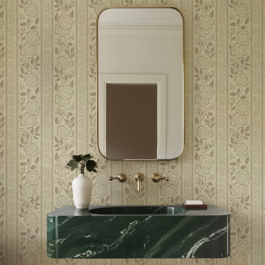 Linen Block Print Floral Stripe - Vintage Inspired Botanical Wallpaper