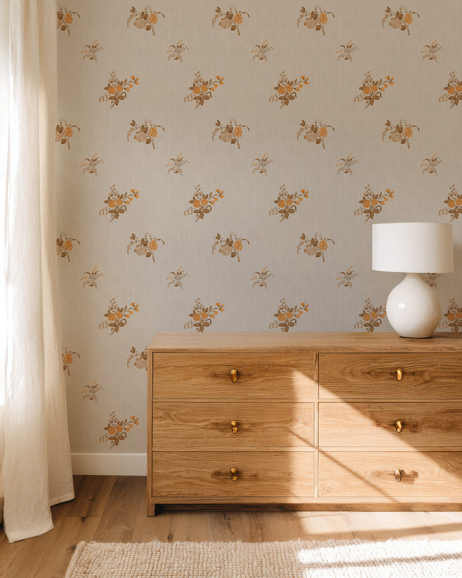 Living room with Vintage Heirloom Floral Bouquet Wallpaper - Warm Beige