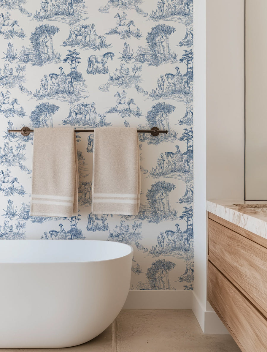 Luxury Blue French Toile Wallpaper - Elegant Countryside Wallcovering