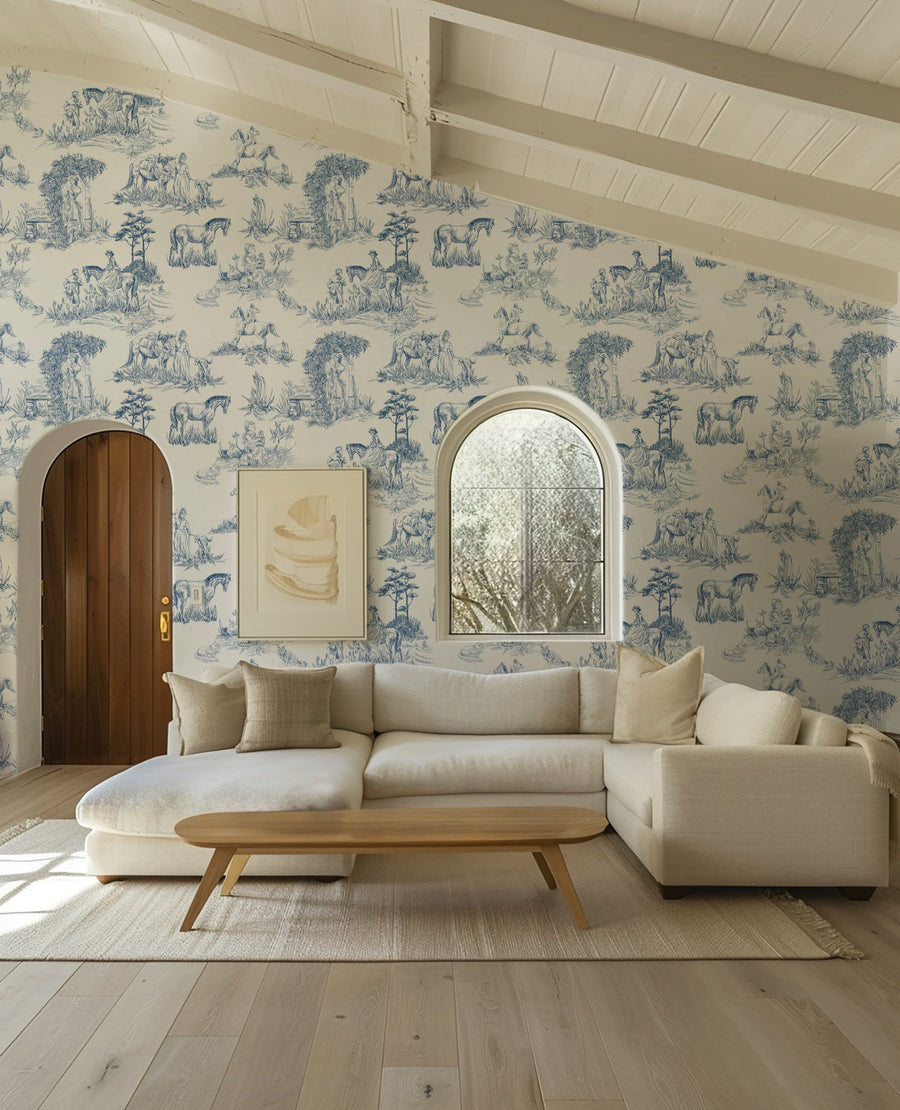 Luxury Blue French Toile Wallpaper - Elegant Countryside Wallcovering