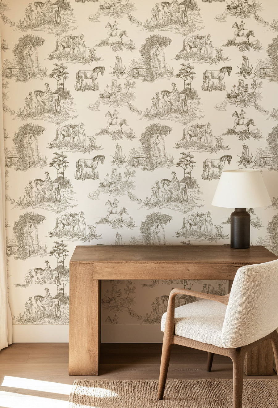 Luxury French Toile Wallpaper - Elegant Vintage Horse & Equestrian Wallcovering