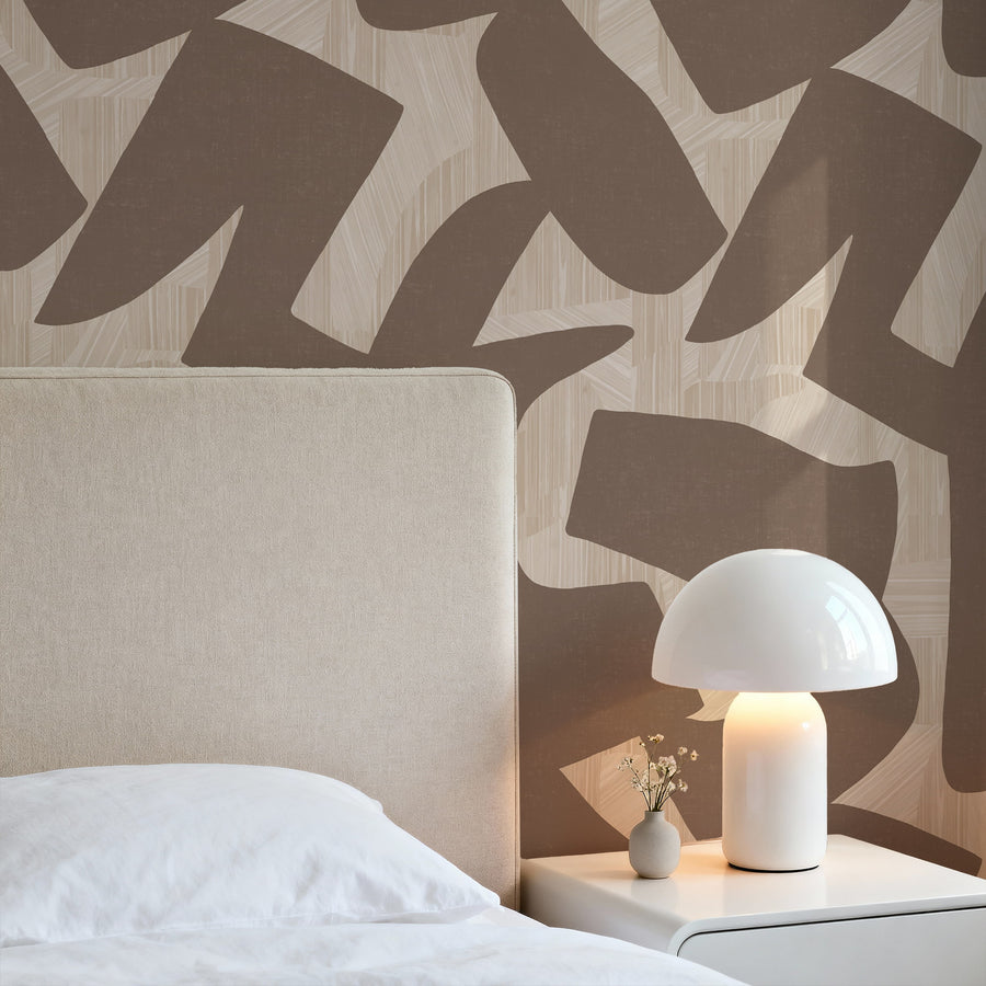 Modern bedroom with Abstract Intarsia Wallpaper – Brown & Cream Texture
